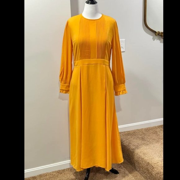 Dresses & Skirts - Golden Mustard Yellow Long Sleeve Pleat Front Maxi Dress Size XL Lightwt Modest